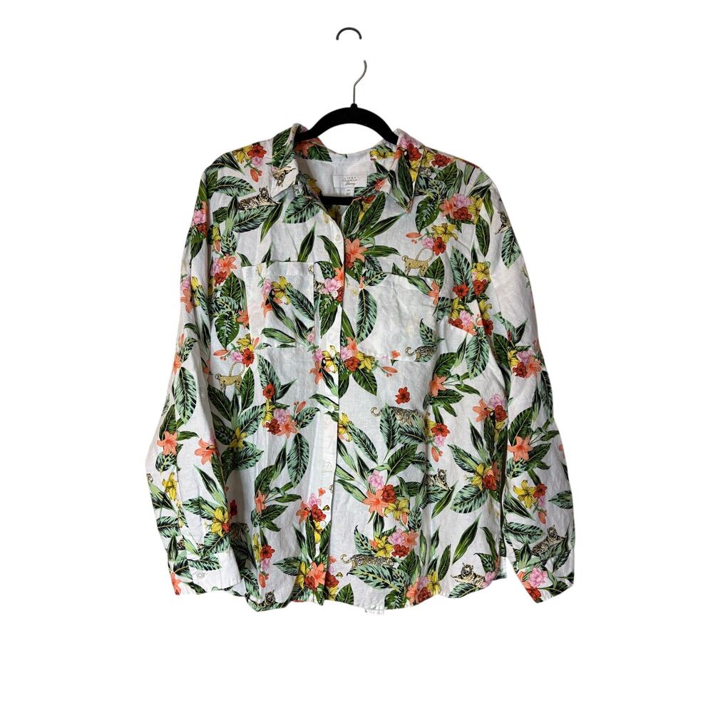 Charter Club Shirt XXL Medium Green Floral Linen Cotton Blend Button Up Shirt